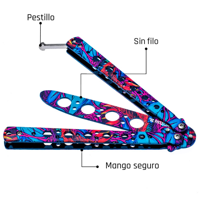 Balisong Hyperbestia 2 sin filo Razor Mango Seguro y Pestillo flipping trucos entrenamiento