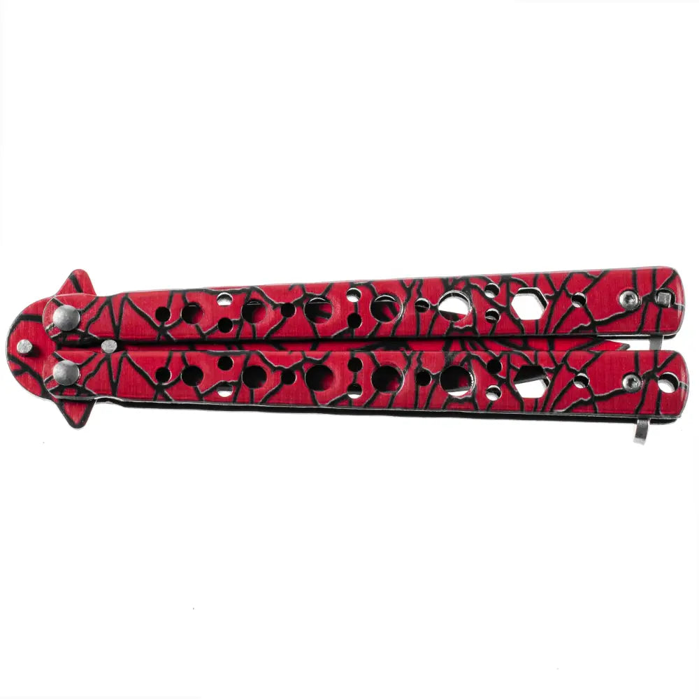 Navaja Mariposa Cuchillo Spider-Swag Roja Cerrada Detalles Mango de Agarre