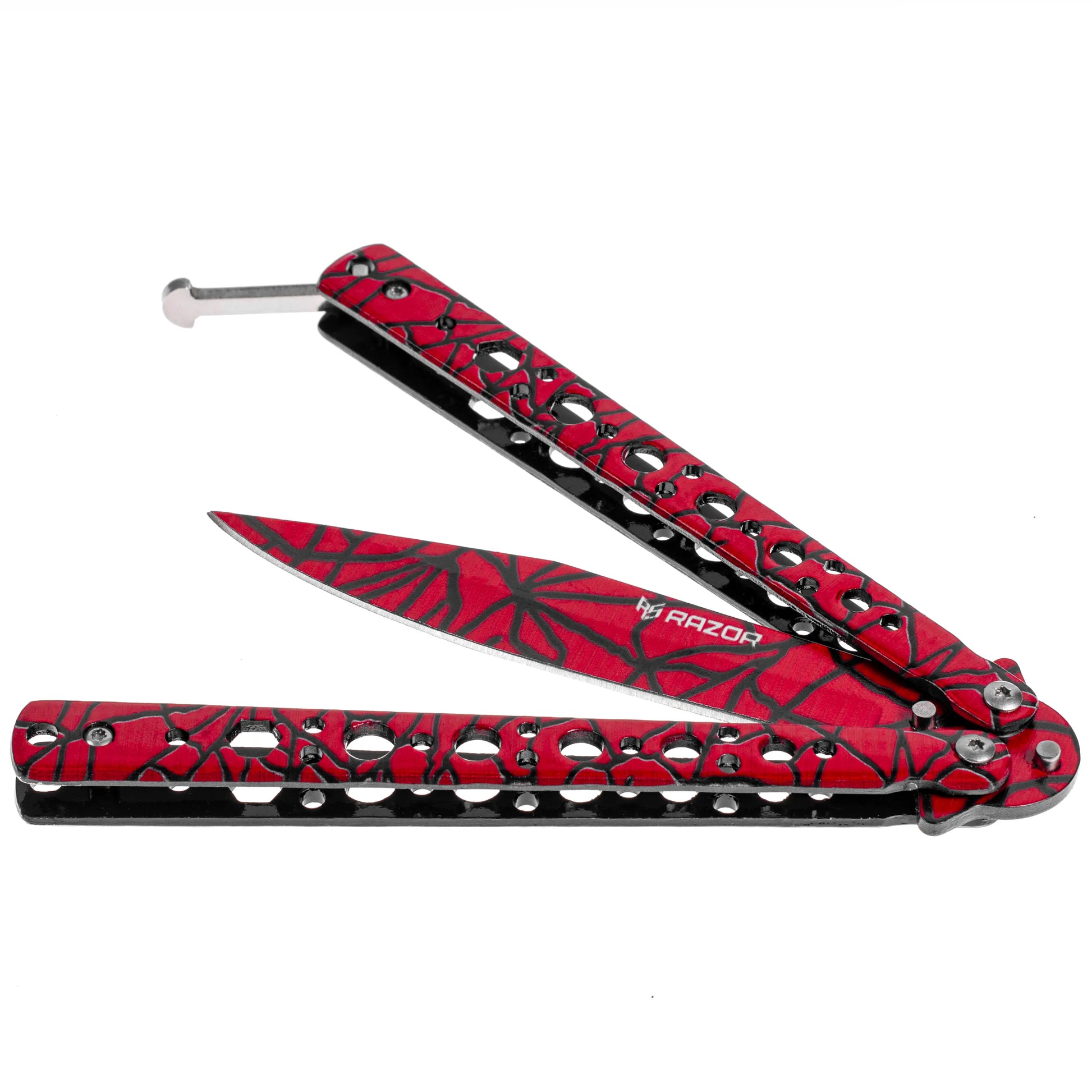 Navaja Mariposa Cuchillo Butterfly Knife Spider Roja SpiderWeb semi abierta Filo