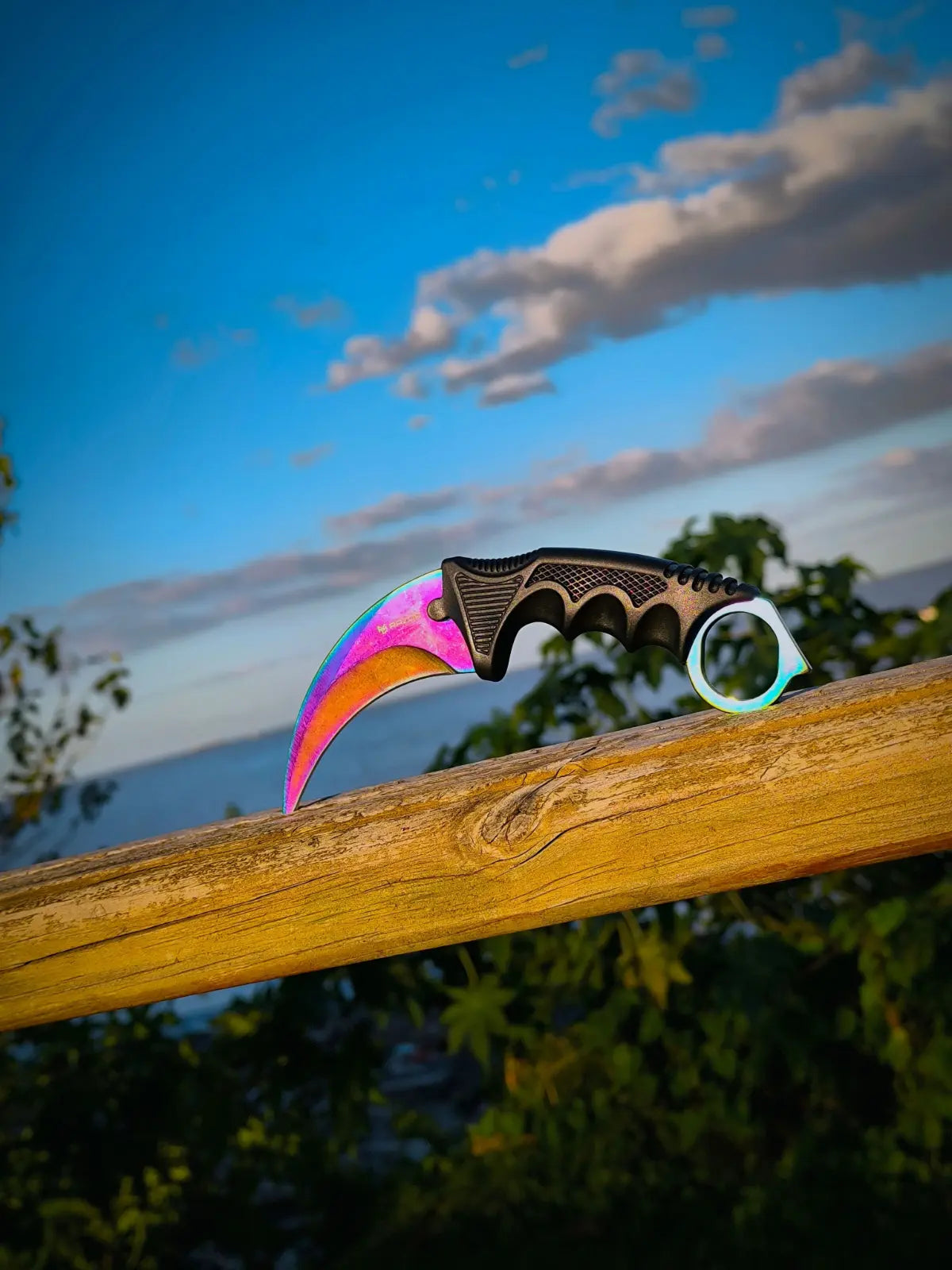 Cuchillo Karambit Tornasol Táctico Estilo CS:GO de Cerca Detalle color al aire libre